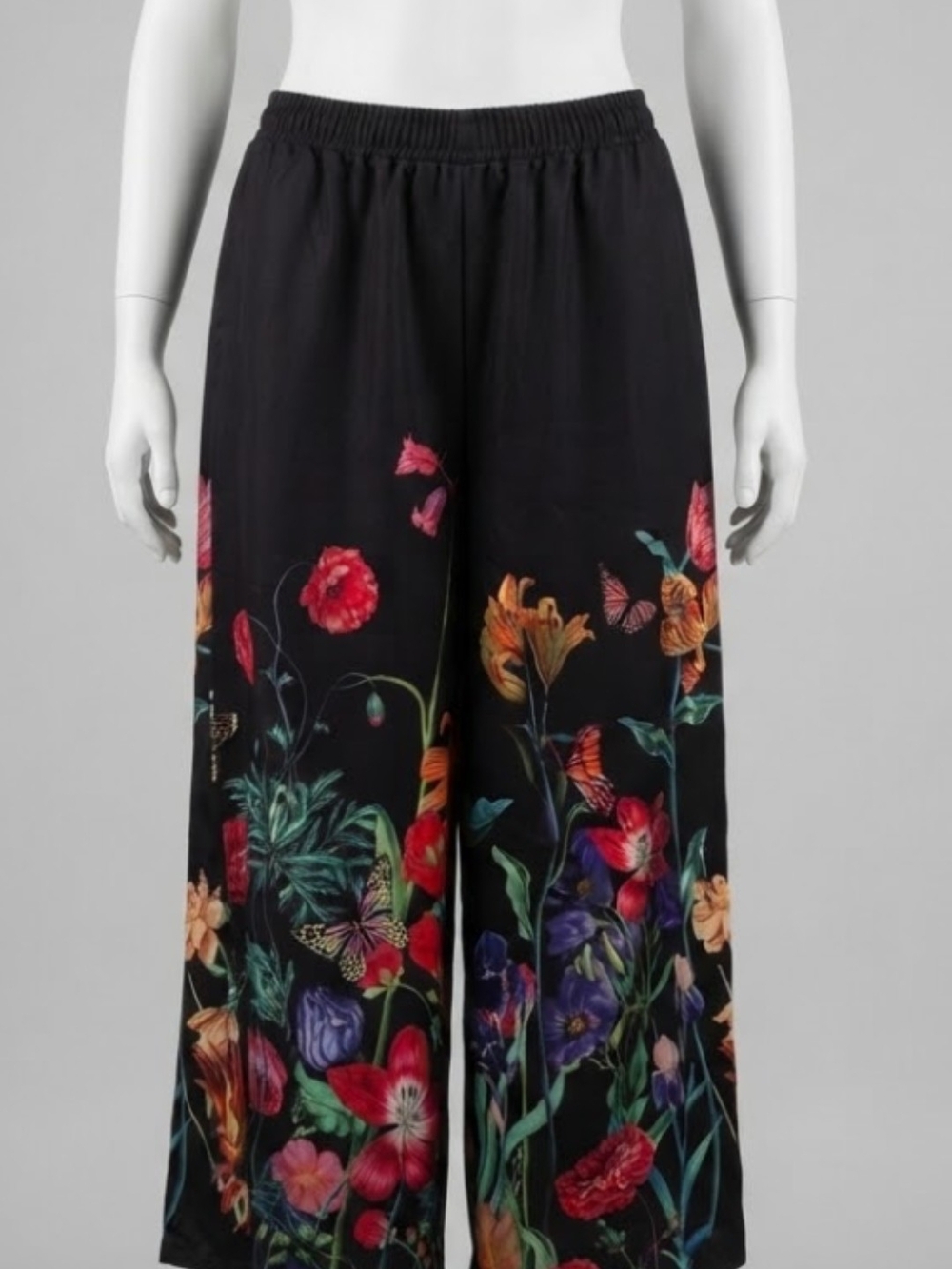 Black Floral Wide-Leg Palazzo Pants with Colorful Garden Print